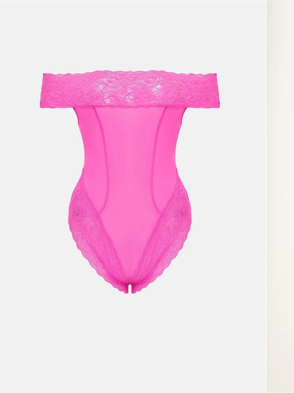 POSTER GIRL Off-Shoulder Lace-Trim Bodysuit in Fuchsia M/L XL